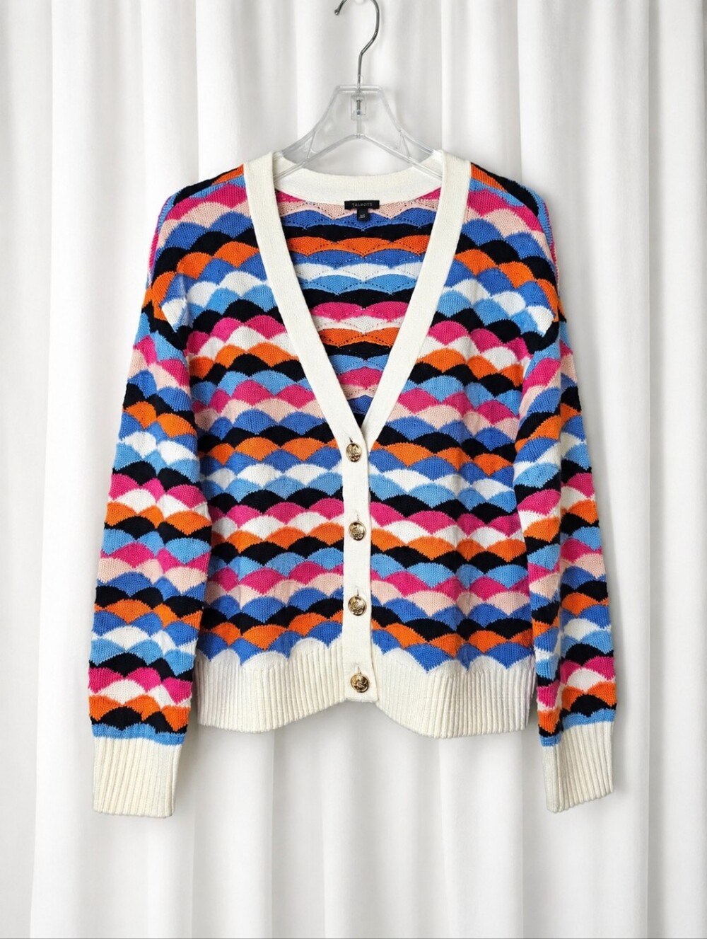 Talbots Bright Multicolor Scallop Stripe Crest Button Coastal Cardigan Sweater